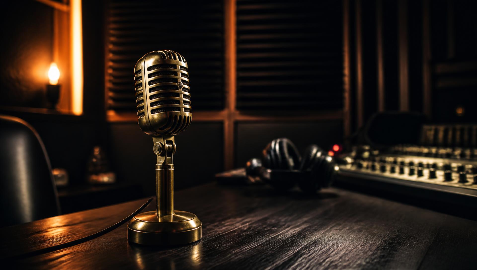 Vintage broadcast microphone in a dark podcast studio